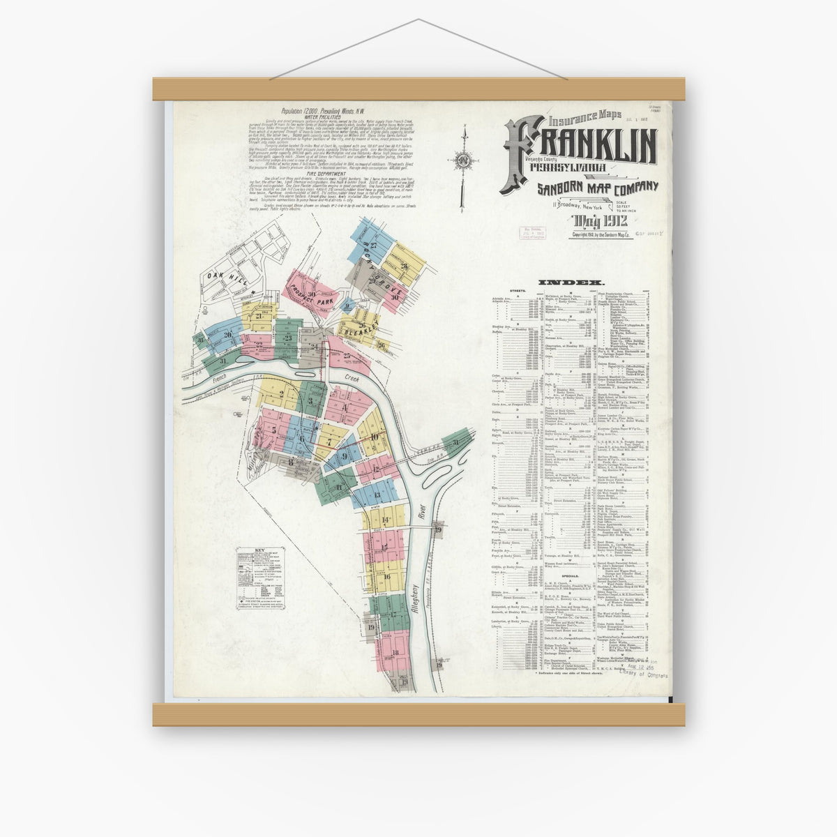 Old map wall art mockup — magnetic wood frame on white wall — Sanborn Fire Insurance Map from Franklin, Venango County, Pennsylvania (1912), Sheet #0001