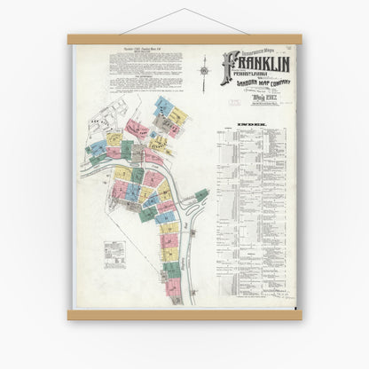 Old map wall art mockup — magnetic wood frame on white wall — Sanborn Fire Insurance Map from Franklin, Venango County, Pennsylvania (1912), Sheet #0001