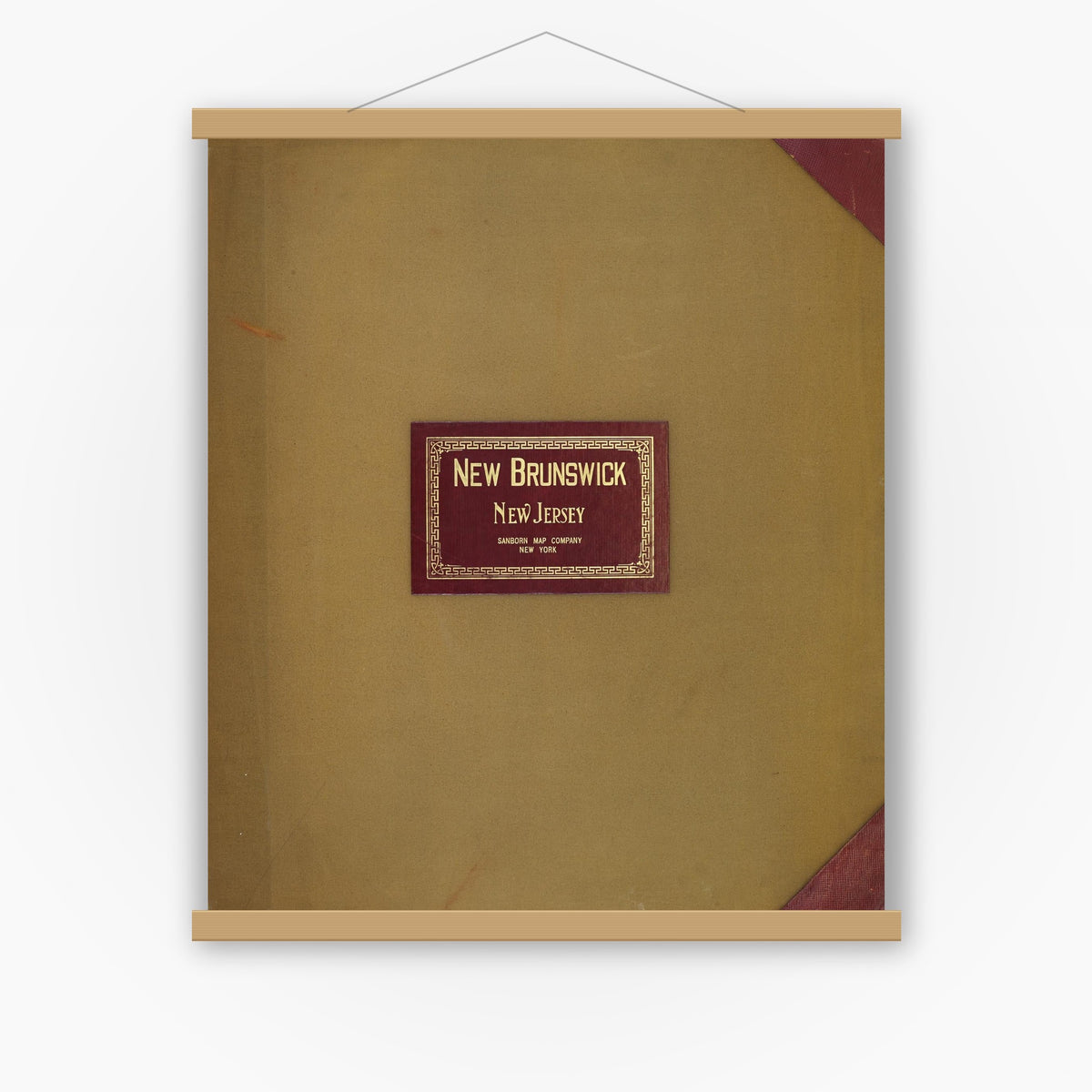 Old map wall art mockup — magnetic wood frame on white wall — Sanborn Fire Insurance Map from New Brunswick, Middlesex County, New Jersey (1950), Sheet #0001