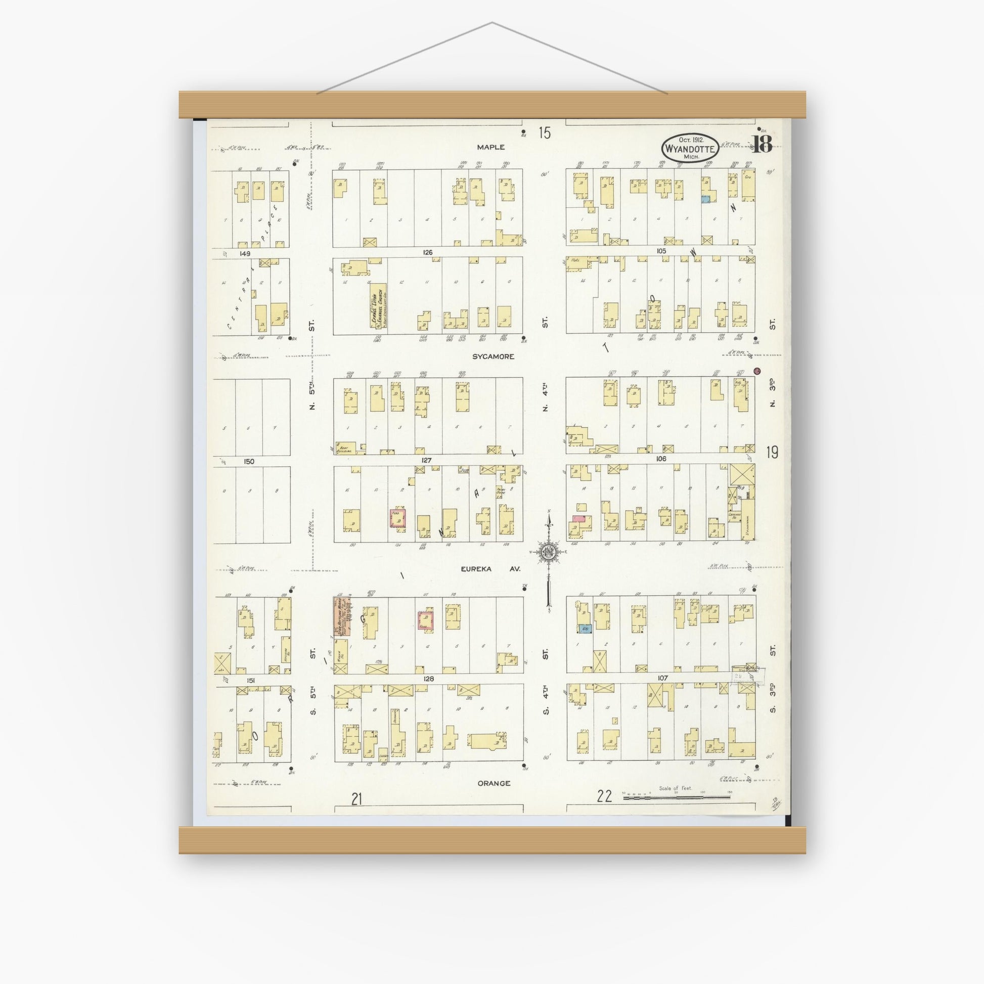 Old map wall art mockup — magnetic wood frame on white wall — Sanborn Fire Insurance Map from Wyandotte, Wayne County, Michigan (1912), Sheet #0018