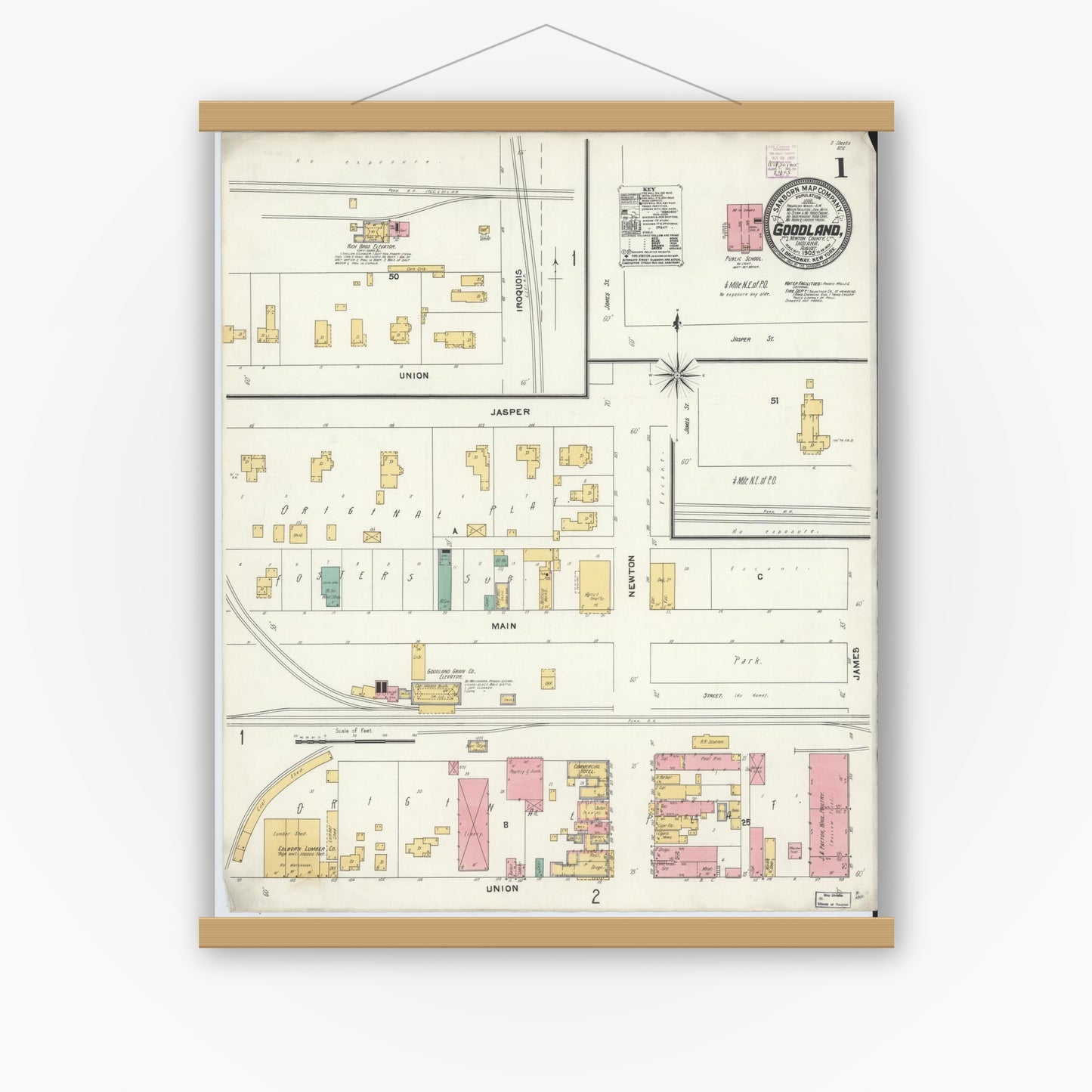 Old map wall art mockup — magnetic wood frame on white wall — Sanborn Fire Insurance Map from Goodland, Newton County, Indiana (1905) - Complete Map Set
