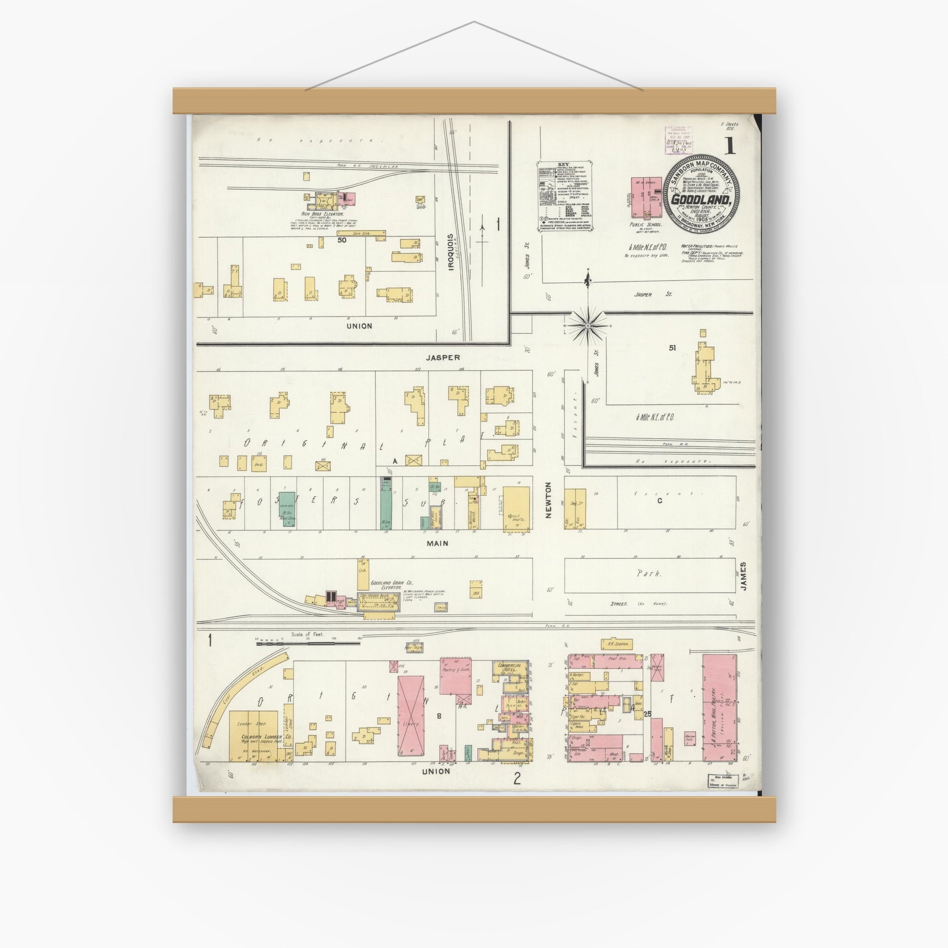 Old map wall art mockup — magnetic wood frame on white wall — Sanborn Fire Insurance Map from Goodland, Newton County, Indiana (1905) - Complete Map Set
