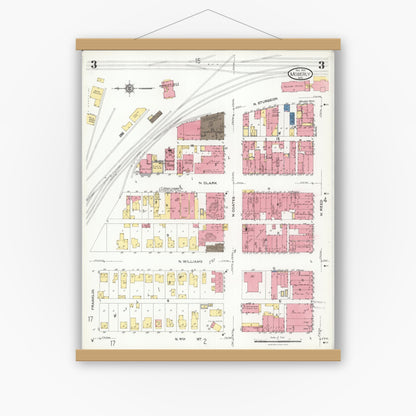 Old map wall art mockup — magnetic wood frame on white wall — Sanborn Fire Insurance Map from Moberly, Randolph County, Missouri (1923), Sheet #0003
