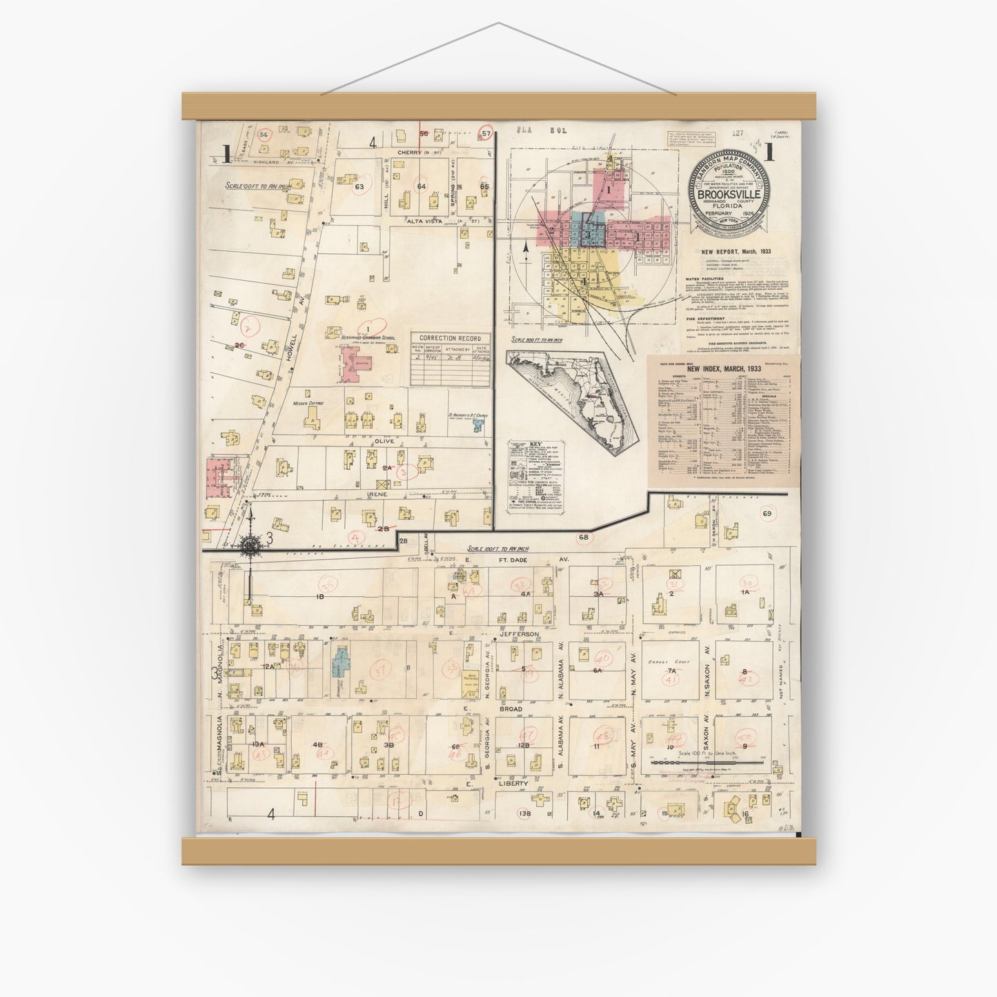 Old map wall art mockup — magnetic wood frame on white wall — Sanborn Fire Insurance Map from Brooksville, Hernando County, Florida (1945), Sheet #0001