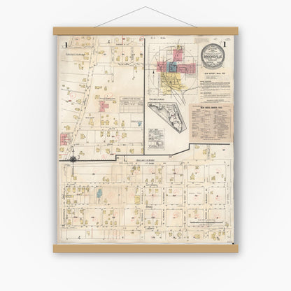 Old map wall art mockup — magnetic wood frame on white wall — Sanborn Fire Insurance Map from Brooksville, Hernando County, Florida (1945), Sheet #0001