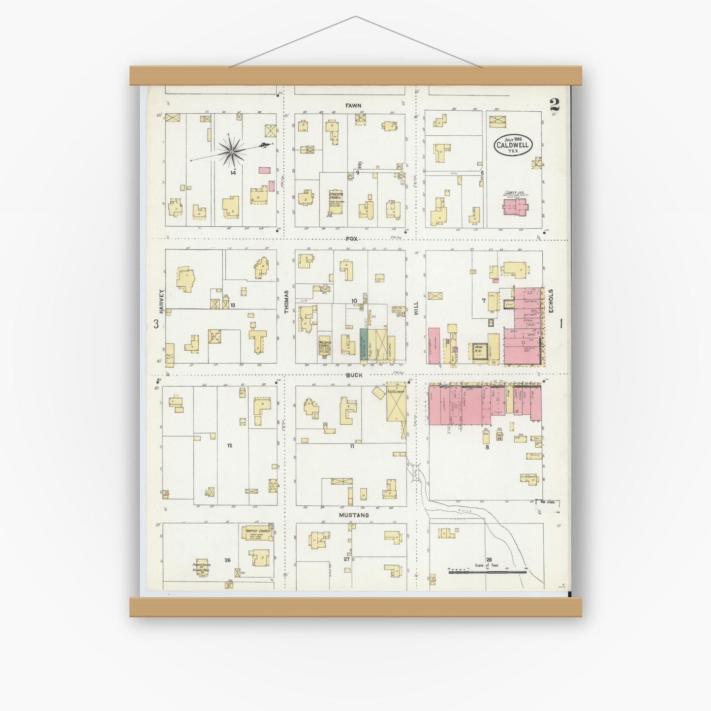 Old map wall art mockup — magnetic wood frame on white wall — Sanborn Fire Insurance Map from Caldwell, Burleson County, Texas (1906), Sheet #0002
