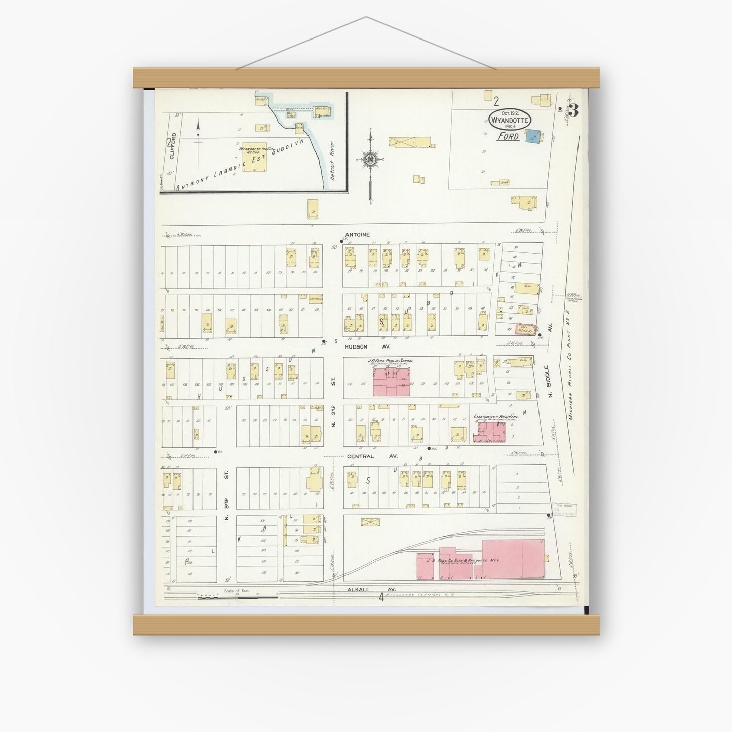 Old map wall art mockup — magnetic wood frame on white wall — Sanborn Fire Insurance Map from Wyandotte, Wayne County, Michigan (1912), Sheet #0003