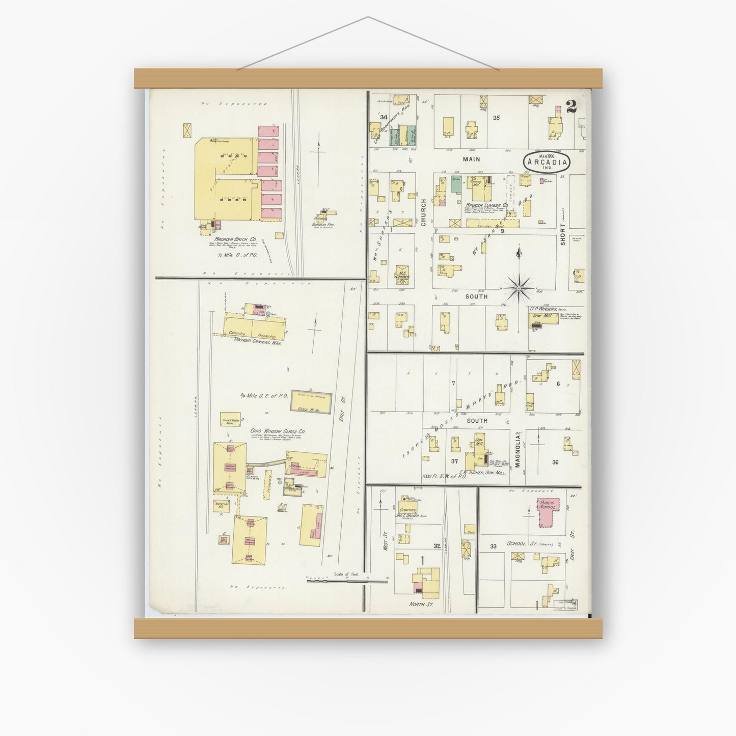 Old map wall art mockup — magnetic wood frame on white wall — Sanborn Fire Insurance Map from Arcadia, Hamilton County, Indiana (1896), Sheet #0002