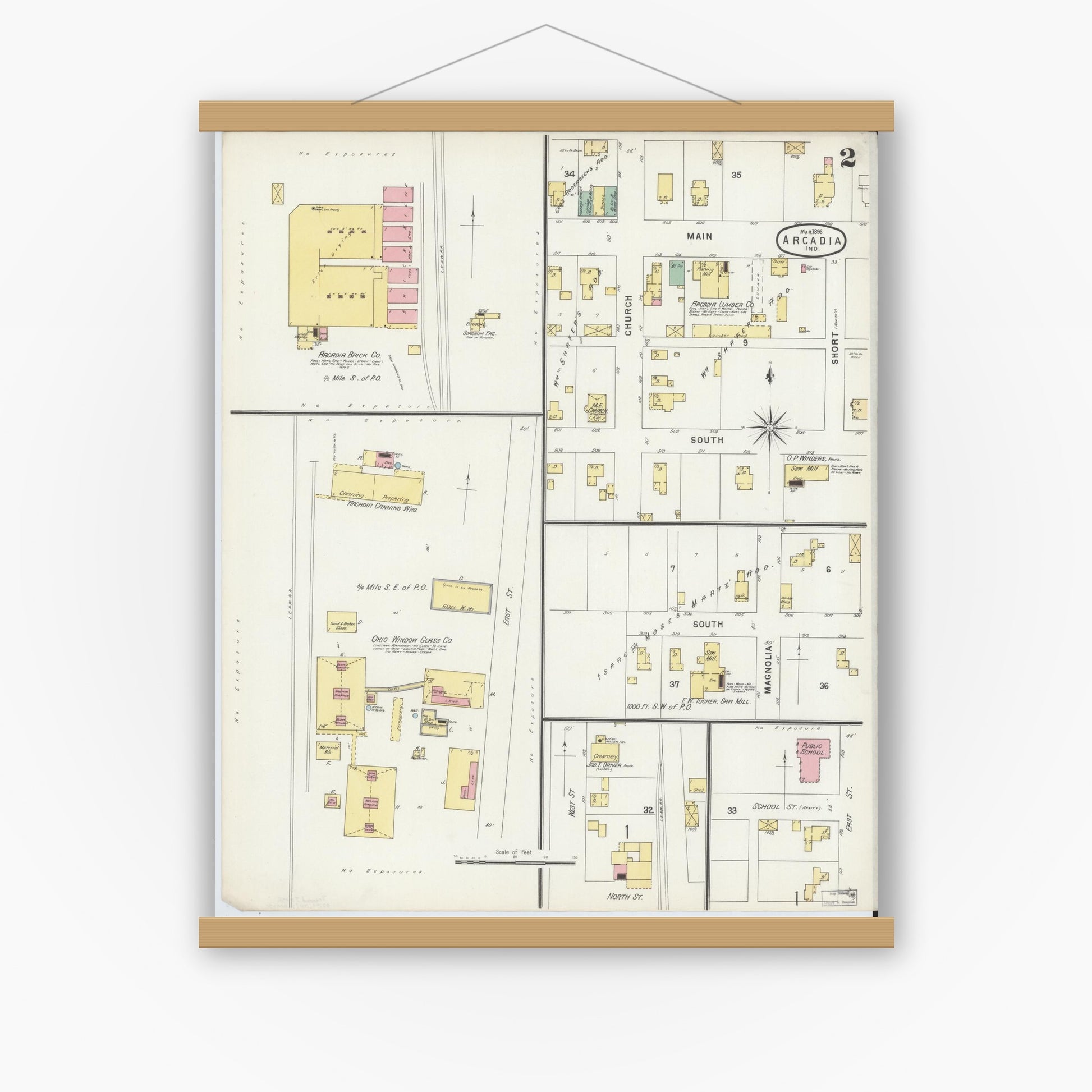 Old map wall art mockup — magnetic wood frame on white wall — Sanborn Fire Insurance Map from Arcadia, Hamilton County, Indiana (1896), Sheet #0002