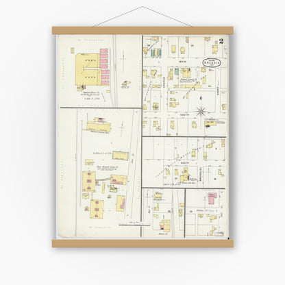 Old map wall art mockup — magnetic wood frame on white wall — Sanborn Fire Insurance Map from Arcadia, Hamilton County, Indiana (1896), Sheet #0002
