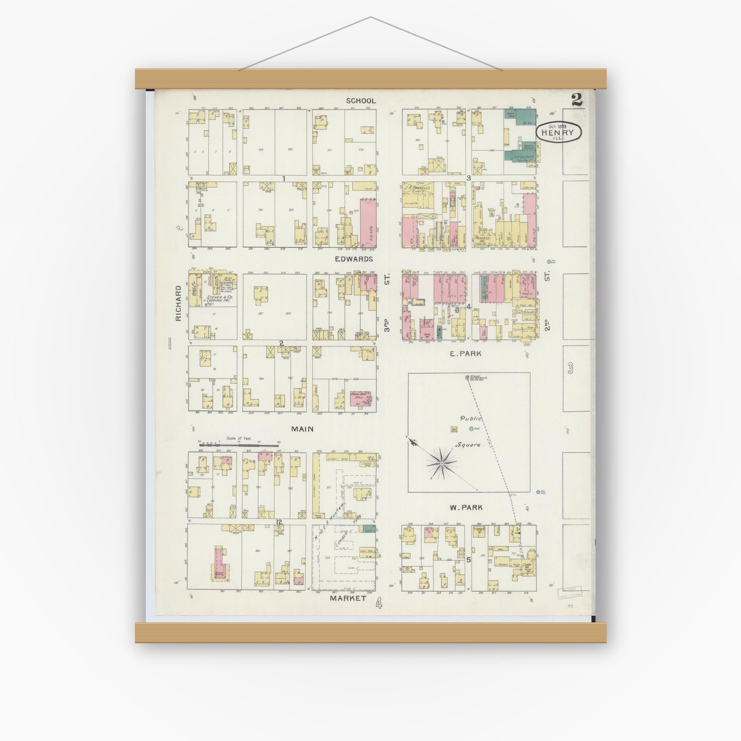 Old map wall art mockup — magnetic wood frame on white wall — Sanborn Fire Insurance Map from Henry, Marshall County, Illinois (1893), Sheet #0002