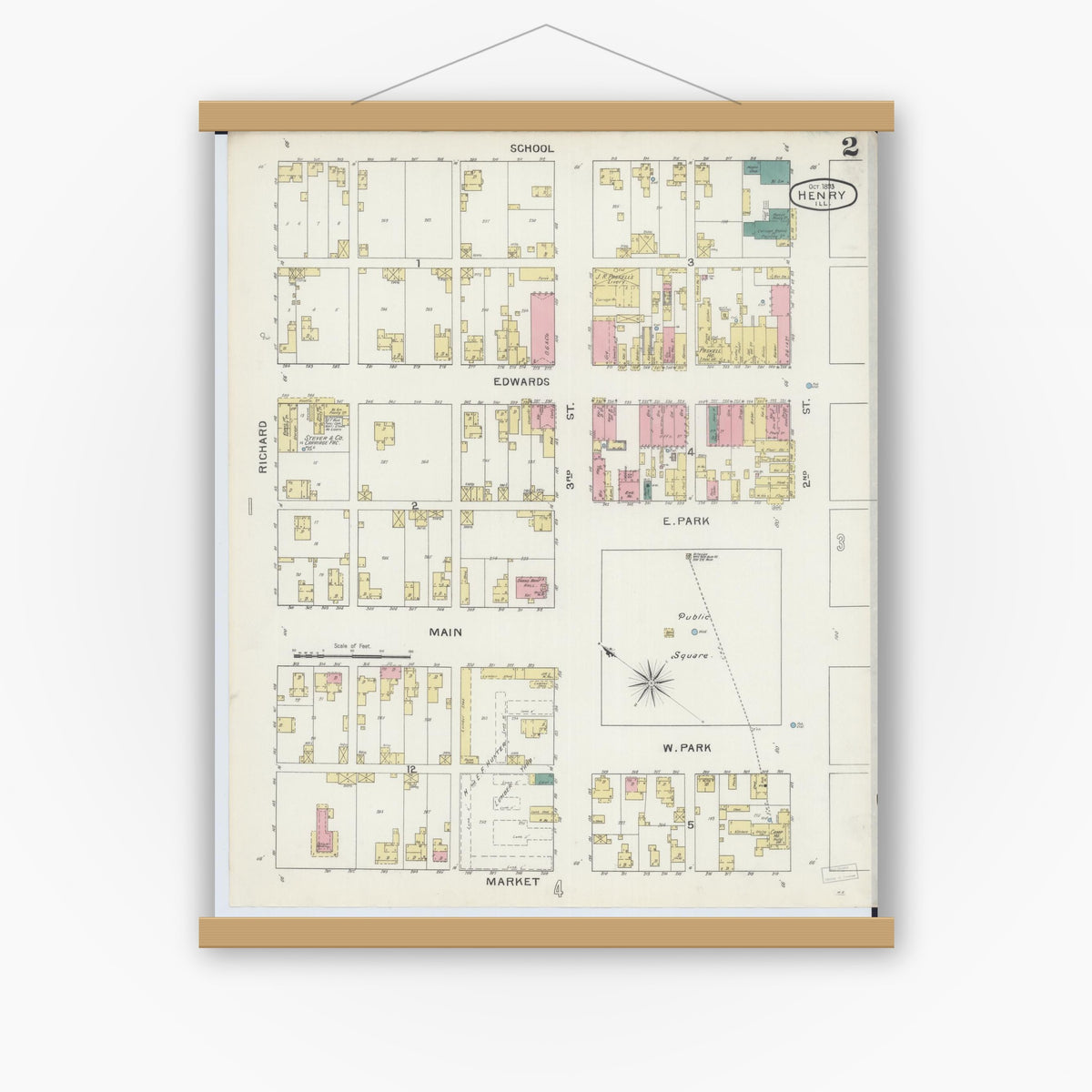 Old map wall art mockup — magnetic wood frame on white wall — Sanborn Fire Insurance Map from Henry, Marshall County, Illinois (1893), Sheet #0002