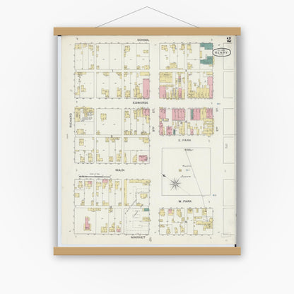 Old map wall art mockup — magnetic wood frame on white wall — Sanborn Fire Insurance Map from Henry, Marshall County, Illinois (1893), Sheet #0002
