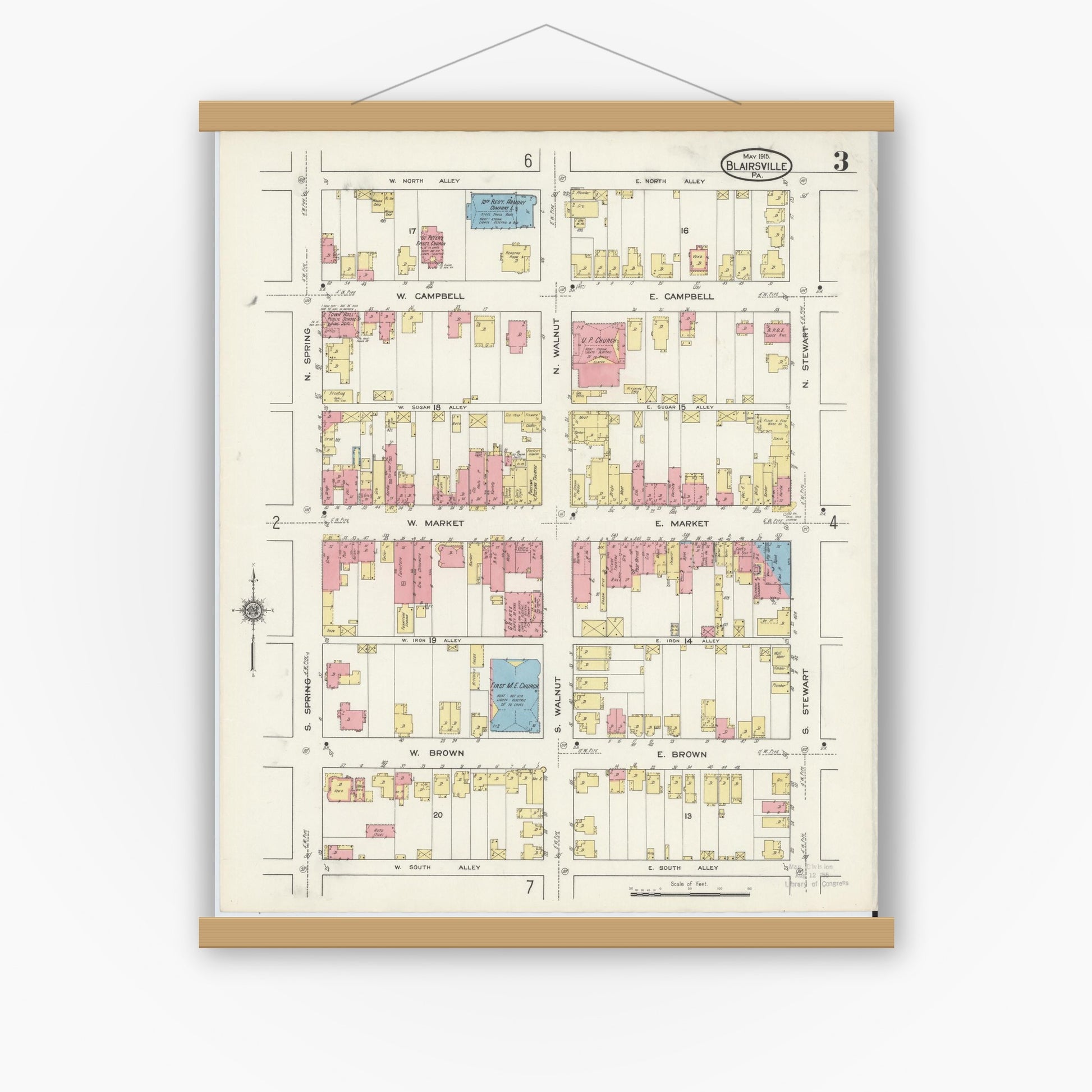 Old map wall art mockup — magnetic wood frame on white wall — Sanborn Fire Insurance Map from Blairsville, Indiana County, Pennsylvania (1915), Sheet #0003