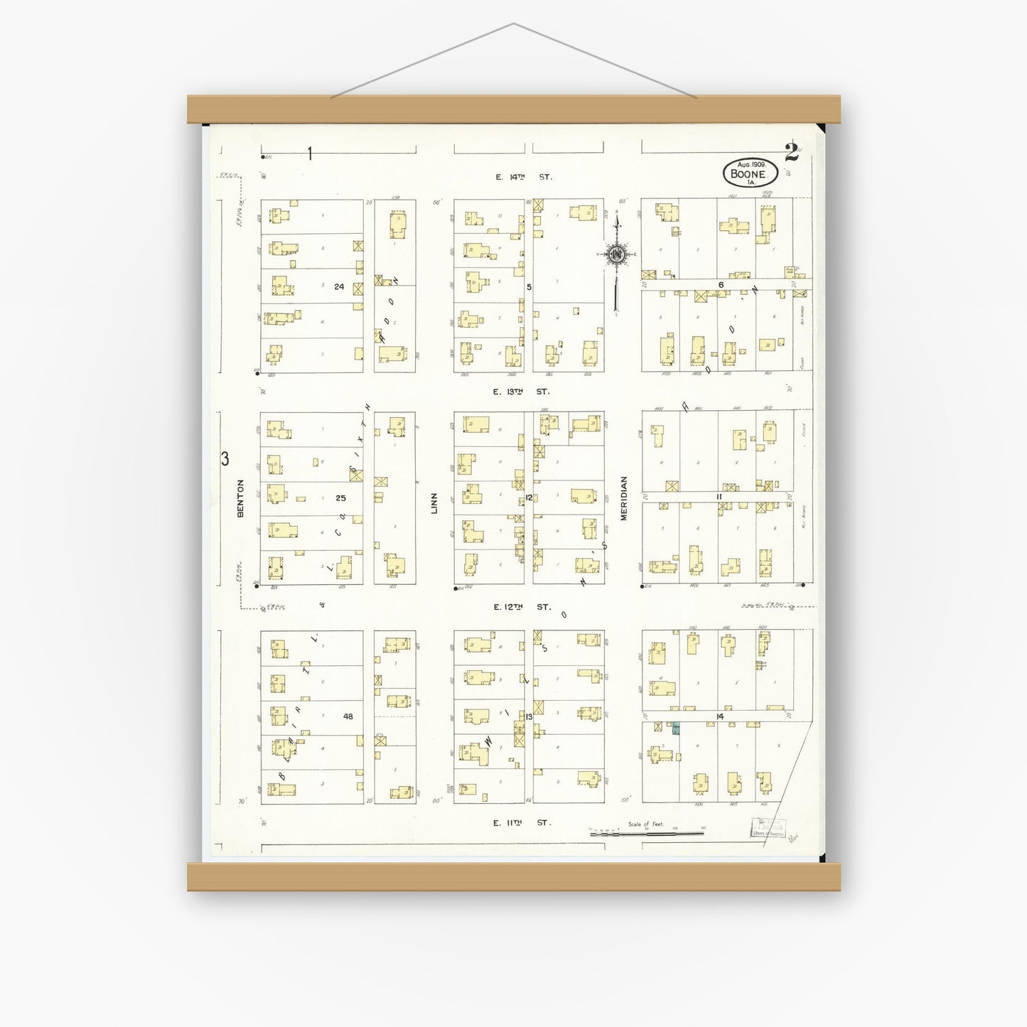 Old map wall art mockup — magnetic wood frame on white wall — Sanborn Fire Insurance Map from Boone, Boone County, Iowa (1909), Sheet #0002