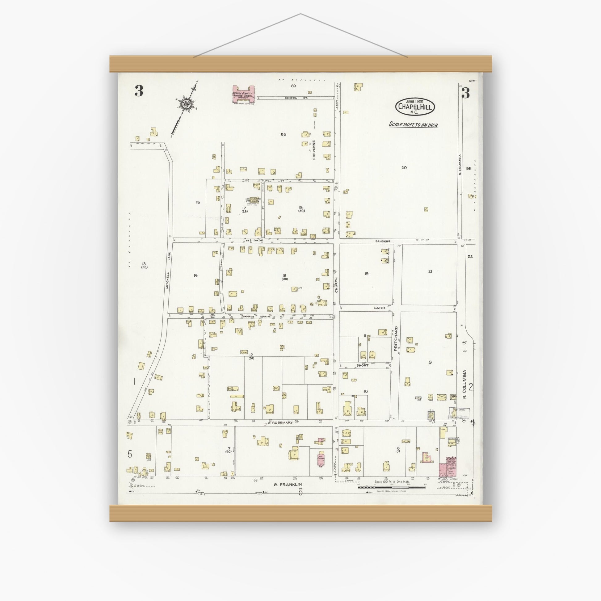 Old map wall art mockup — magnetic wood frame on white wall — Sanborn Fire Insurance Map from Chapel Hill, Orange County, North Carolina (1925), Sheet #0003