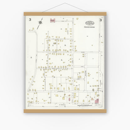Old map wall art mockup — magnetic wood frame on white wall — Sanborn Fire Insurance Map from Chapel Hill, Orange County, North Carolina (1925), Sheet #0003