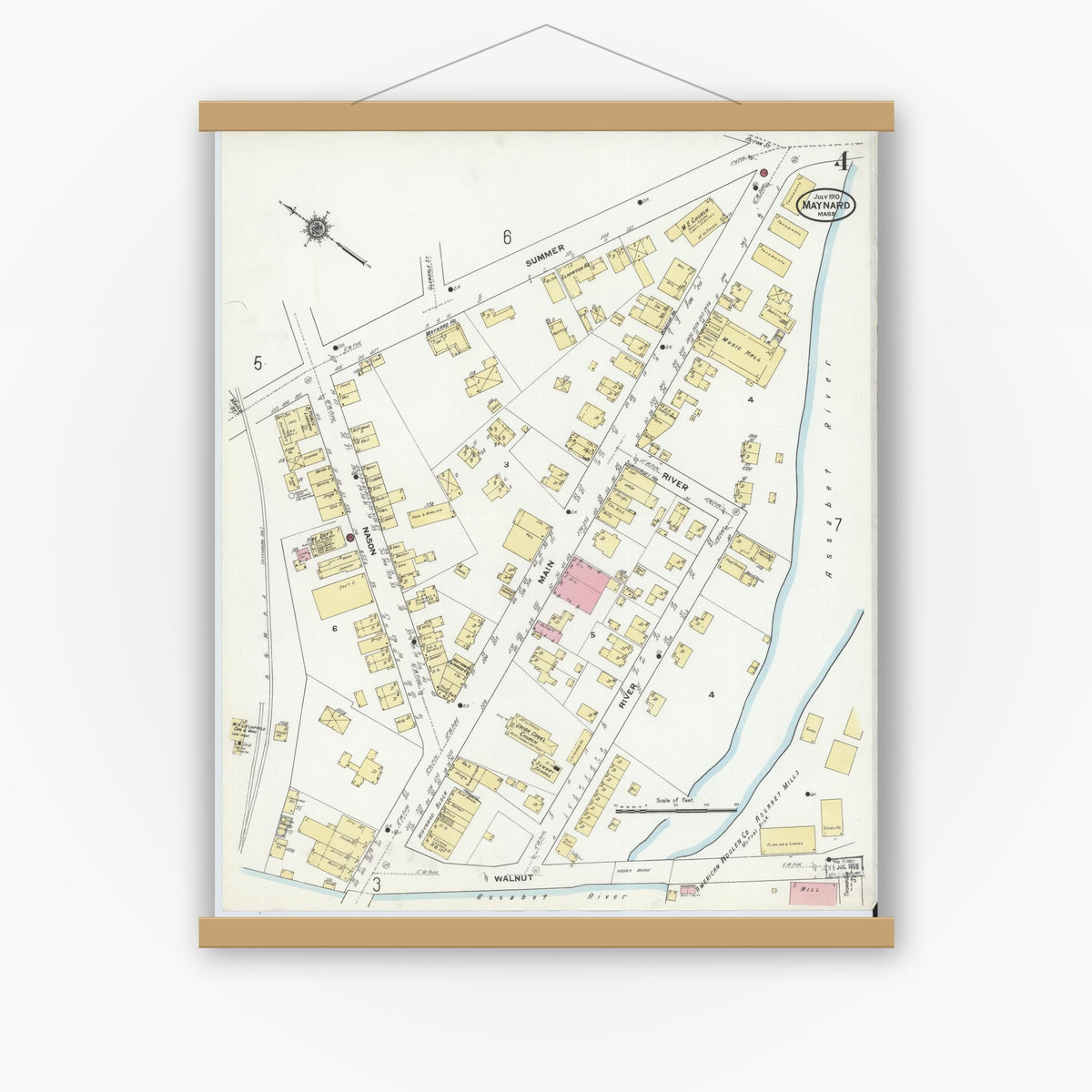 Old map wall art mockup — magnetic wood frame on white wall — Sanborn Fire Insurance Map from Maynard, Middlesex County, Massachusetts (1910), Sheet #0004