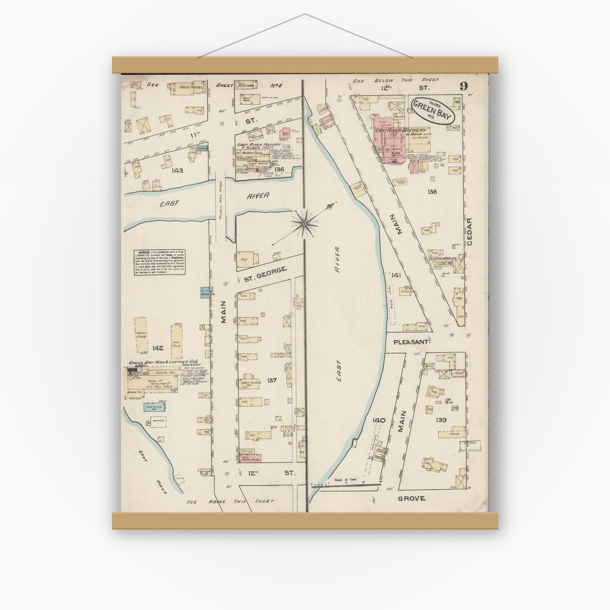 Old map wall art mockup — magnetic wood frame on white wall — Sanborn Fire Insurance Map from Green Bay, Brown County, Wisconsin (1883), Sheet #0009