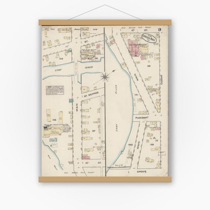Old map wall art mockup — magnetic wood frame on white wall — Sanborn Fire Insurance Map from Green Bay, Brown County, Wisconsin (1883), Sheet #0009