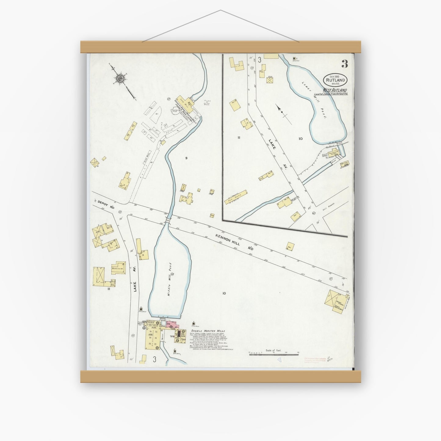 Old map wall art mockup — magnetic wood frame on white wall — Sanborn Fire Insurance Map from Rutland, Worcester County, Massachusetts (1910), Sheet #0003