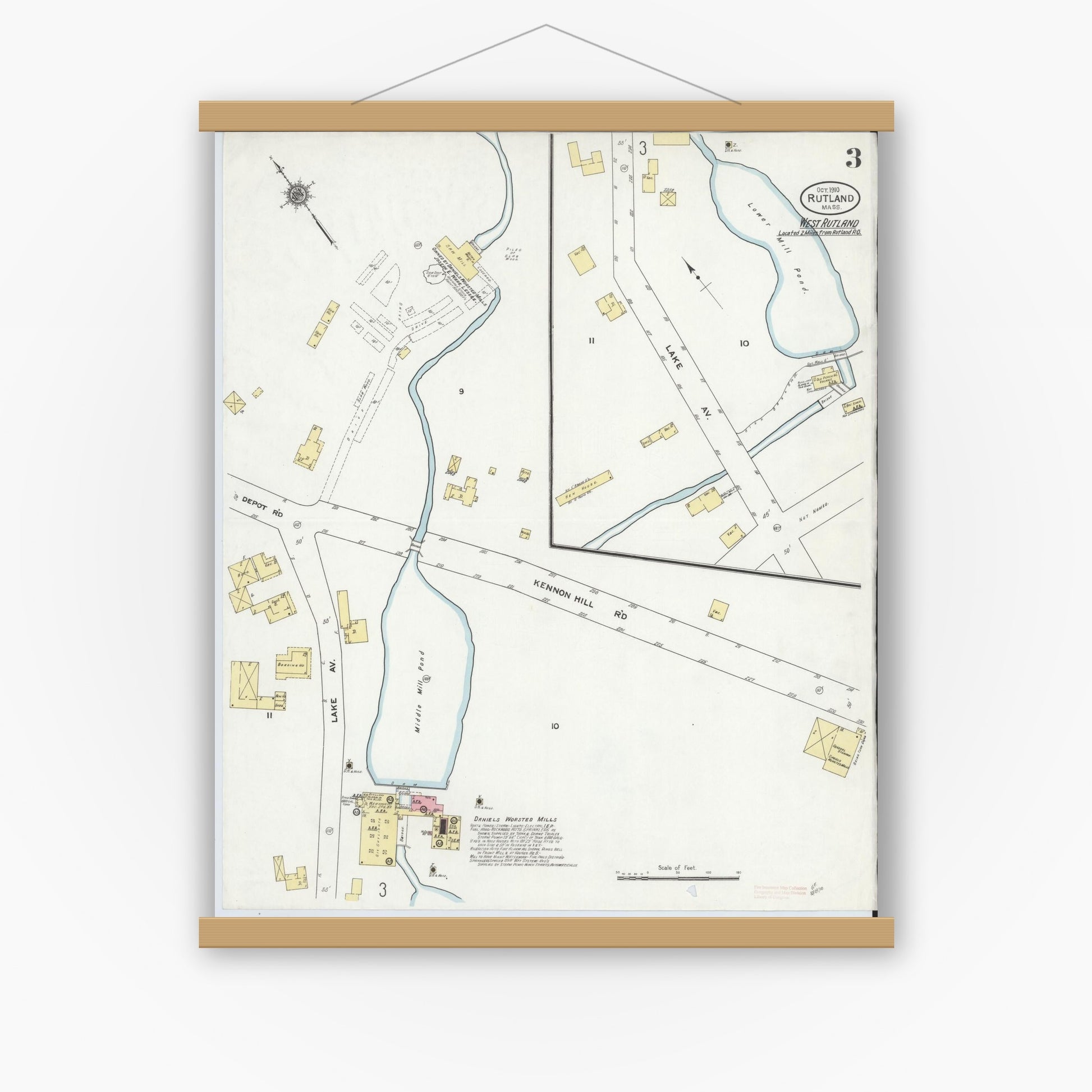 Old map wall art mockup — magnetic wood frame on white wall — Sanborn Fire Insurance Map from Rutland, Worcester County, Massachusetts (1910), Sheet #0003