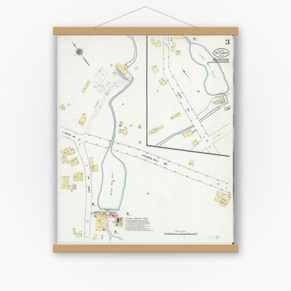 Old map wall art mockup — magnetic wood frame on white wall — Sanborn Fire Insurance Map from Rutland, Worcester County, Massachusetts (1910), Sheet #0003