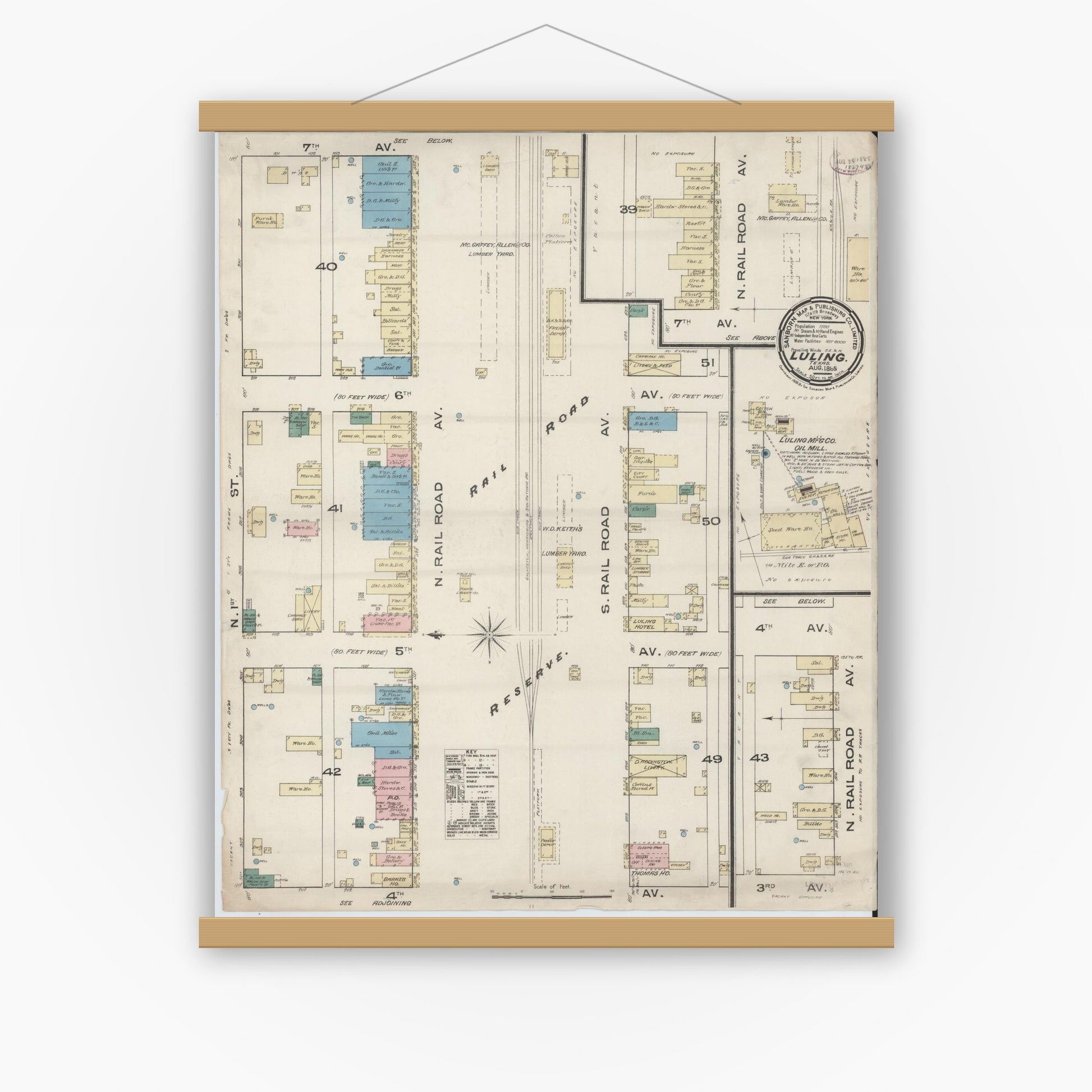Old map wall art mockup — magnetic wood frame on white wall — Sanborn Fire Insurance Map from Luling, Caldwell County, Texas (1885), Sheet #0001