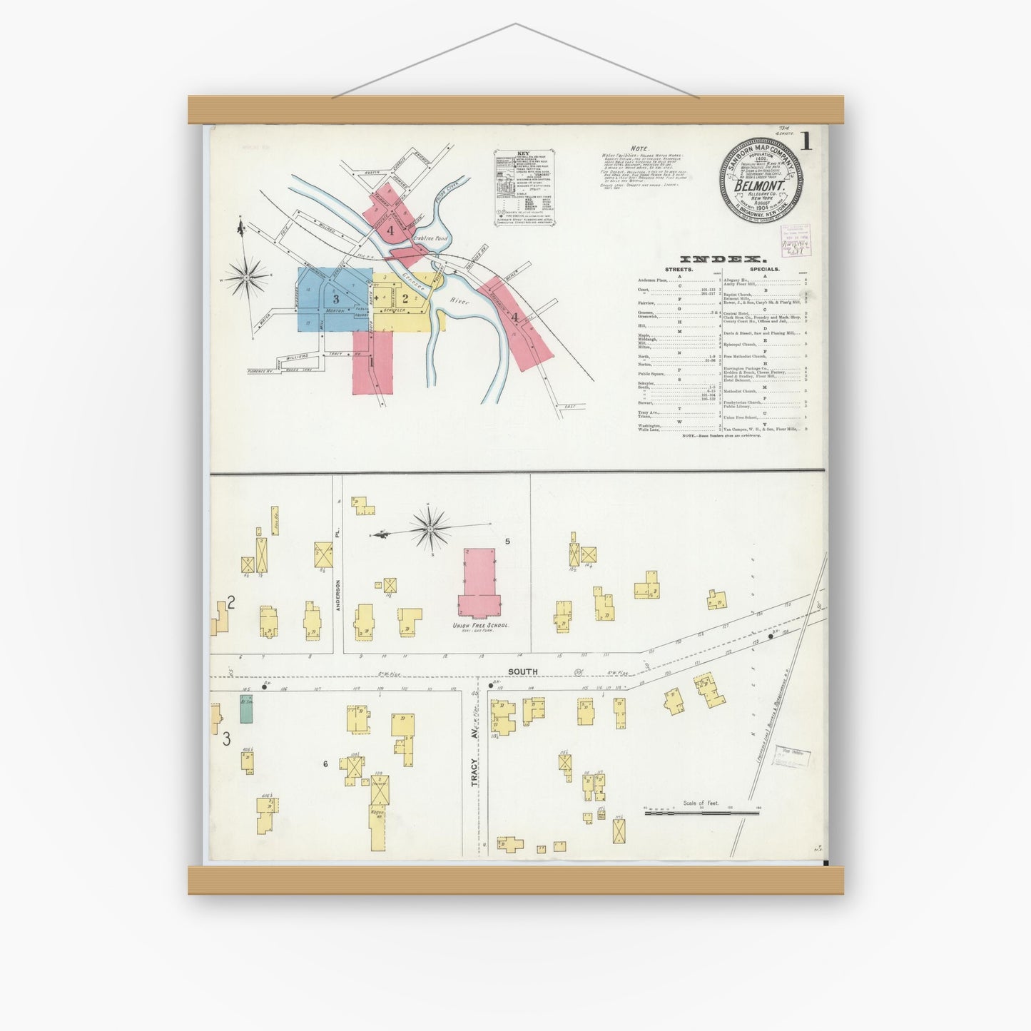 Old map wall art mockup — magnetic wood frame on white wall — Sanborn Fire Insurance Map from Belmont, Allegany County, New York (1904), Sheet #0001