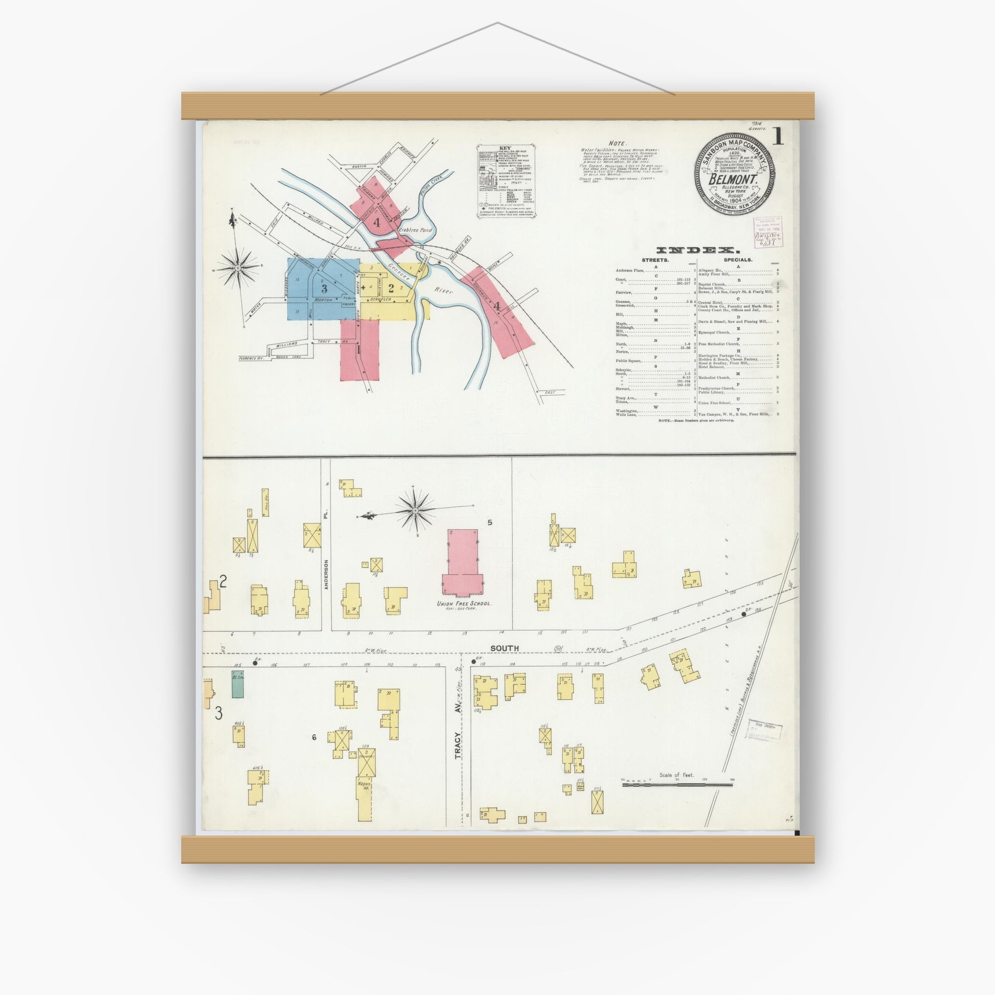 Old map wall art mockup — magnetic wood frame on white wall — Sanborn Fire Insurance Map from Belmont, Allegany County, New York (1904), Sheet #0001