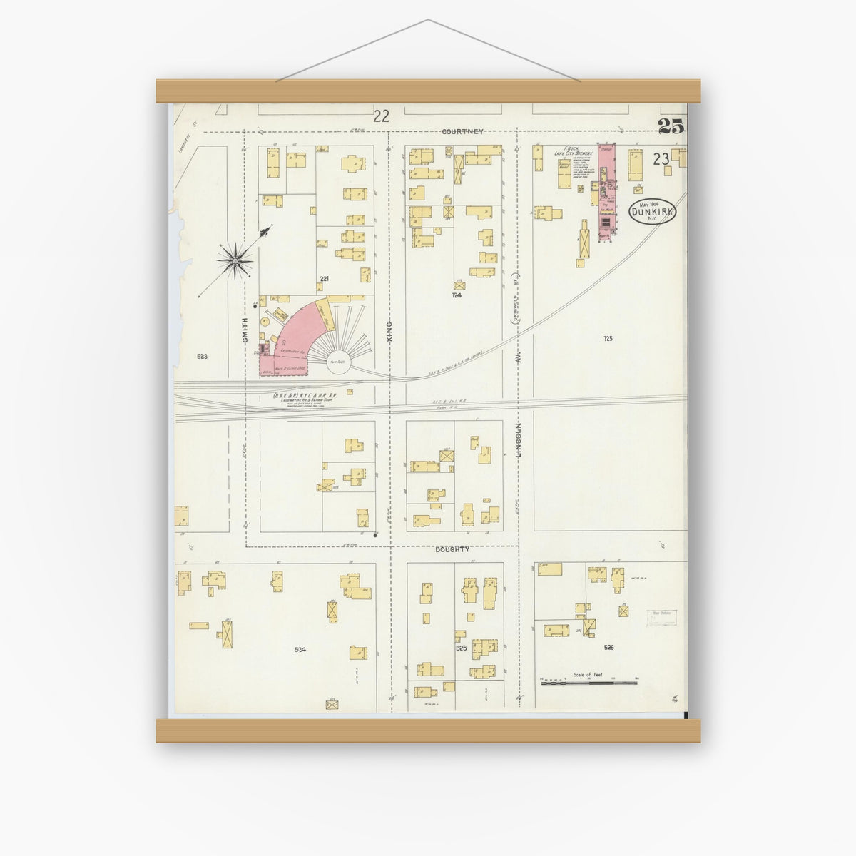 Old map wall art mockup — magnetic wood frame on white wall — Sanborn Fire Insurance Map from Dunkirk, Chautauqua County, New York (1904), Sheet #0025