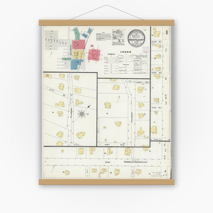 Old map wall art mockup — magnetic wood frame on white wall — Sanborn Fire Insurance Map from Mount Pleasant, Titus County, Texas (1906), Sheet #0001