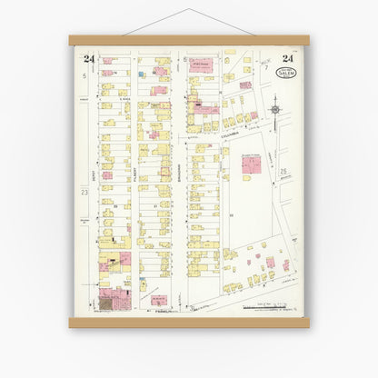 Old map wall art mockup — magnetic wood frame on white wall — Sanborn Fire Insurance Map from Salem, Columbiana County, Ohio (1926), Sheet #0024