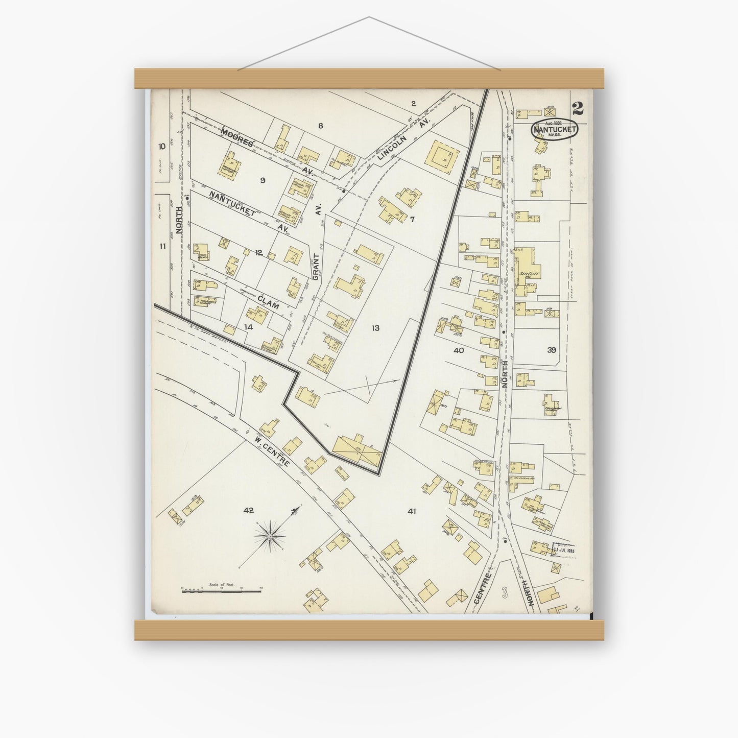 Old map wall art mockup — magnetic wood frame on white wall — Sanborn Fire Insurance Map from Nantucket, Nantucket County, Massachusetts (1892), Sheet #0002