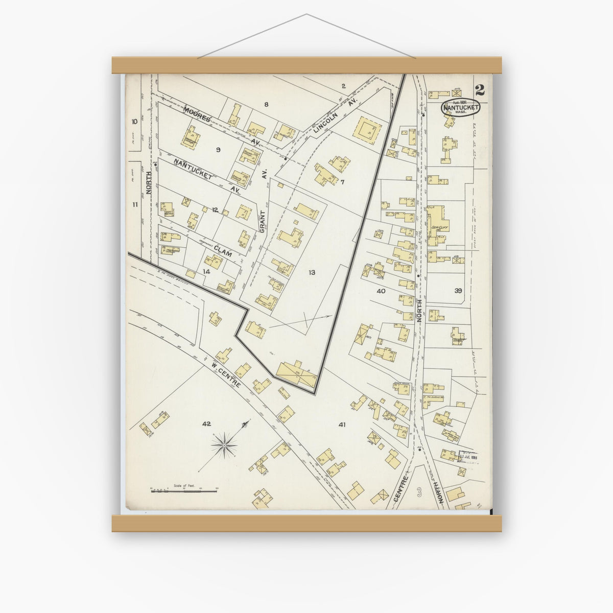 Old map wall art mockup — magnetic wood frame on white wall — Sanborn Fire Insurance Map from Nantucket, Nantucket County, Massachusetts (1892), Sheet #0002