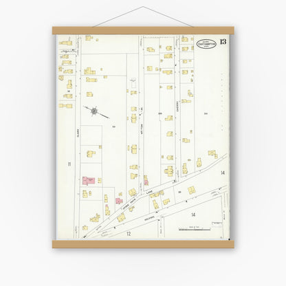 Old map wall art mockup — magnetic wood frame on white wall — Sanborn Fire Insurance Map from East Hampton, Hampshire County, Massachusetts (1910), Sheet #0013
