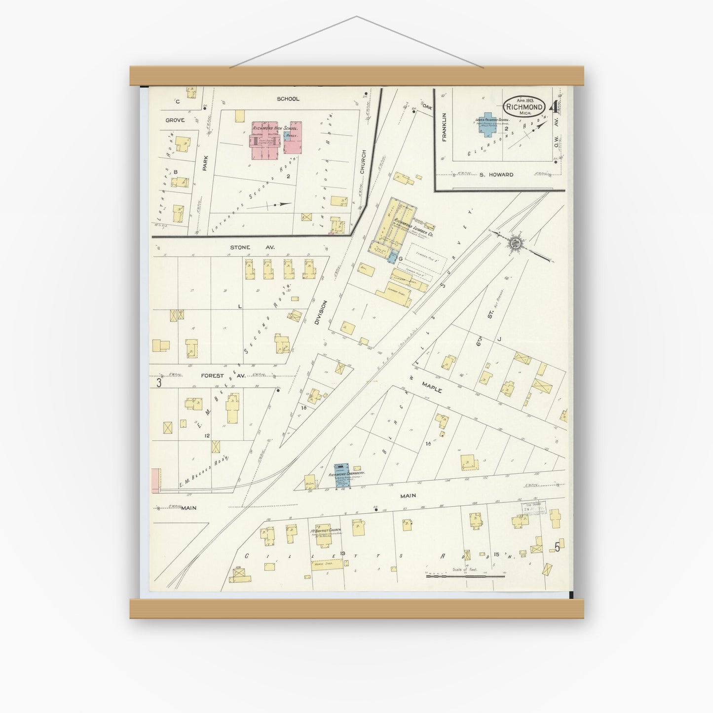 Old map wall art mockup — magnetic wood frame on white wall — Sanborn Fire Insurance Map from Richmond, Macomb County, Michigan (1913), Sheet #0004