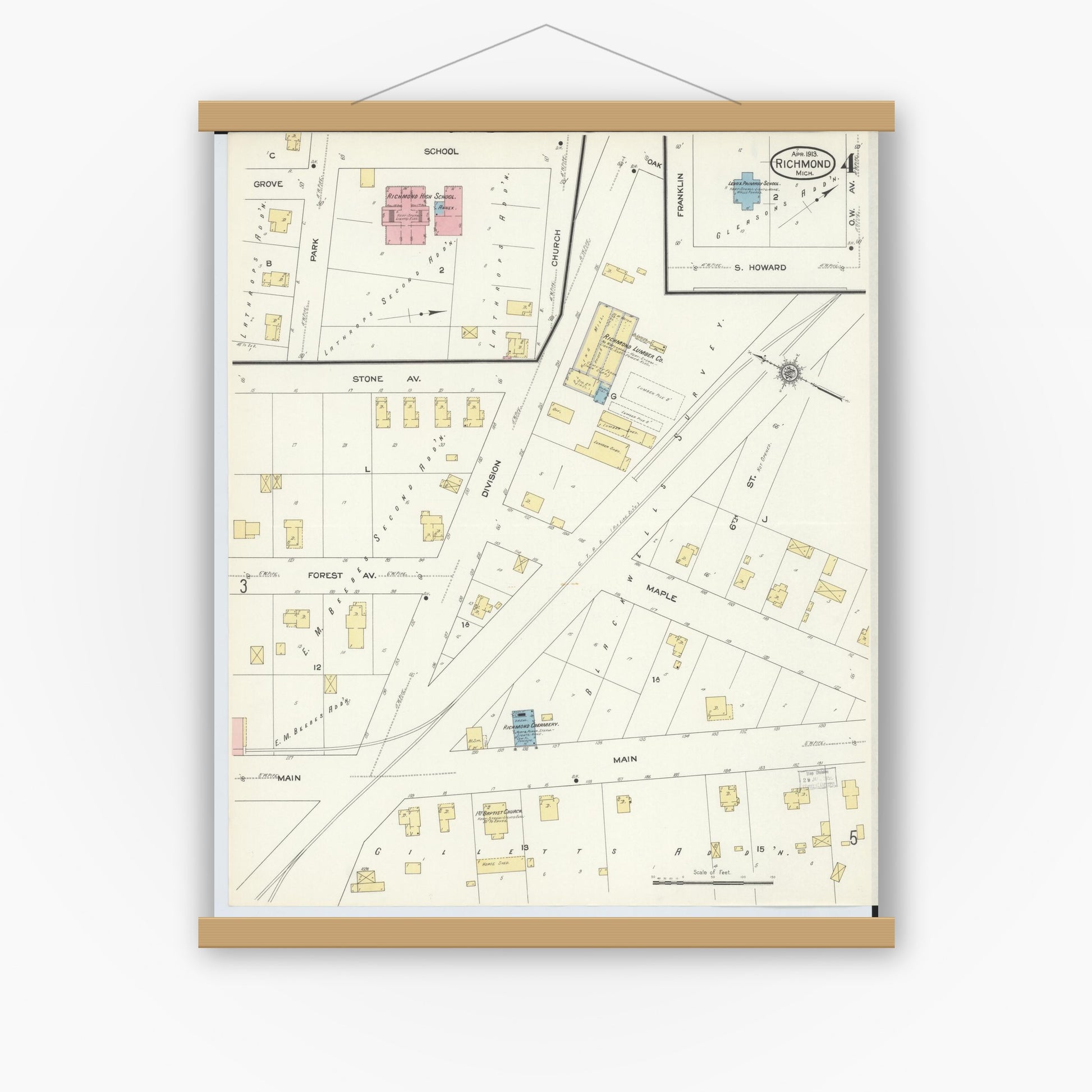 Old map wall art mockup — magnetic wood frame on white wall — Sanborn Fire Insurance Map from Richmond, Macomb County, Michigan (1913), Sheet #0004