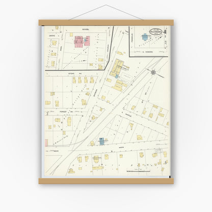 Old map wall art mockup — magnetic wood frame on white wall — Sanborn Fire Insurance Map from Richmond, Macomb County, Michigan (1913), Sheet #0004