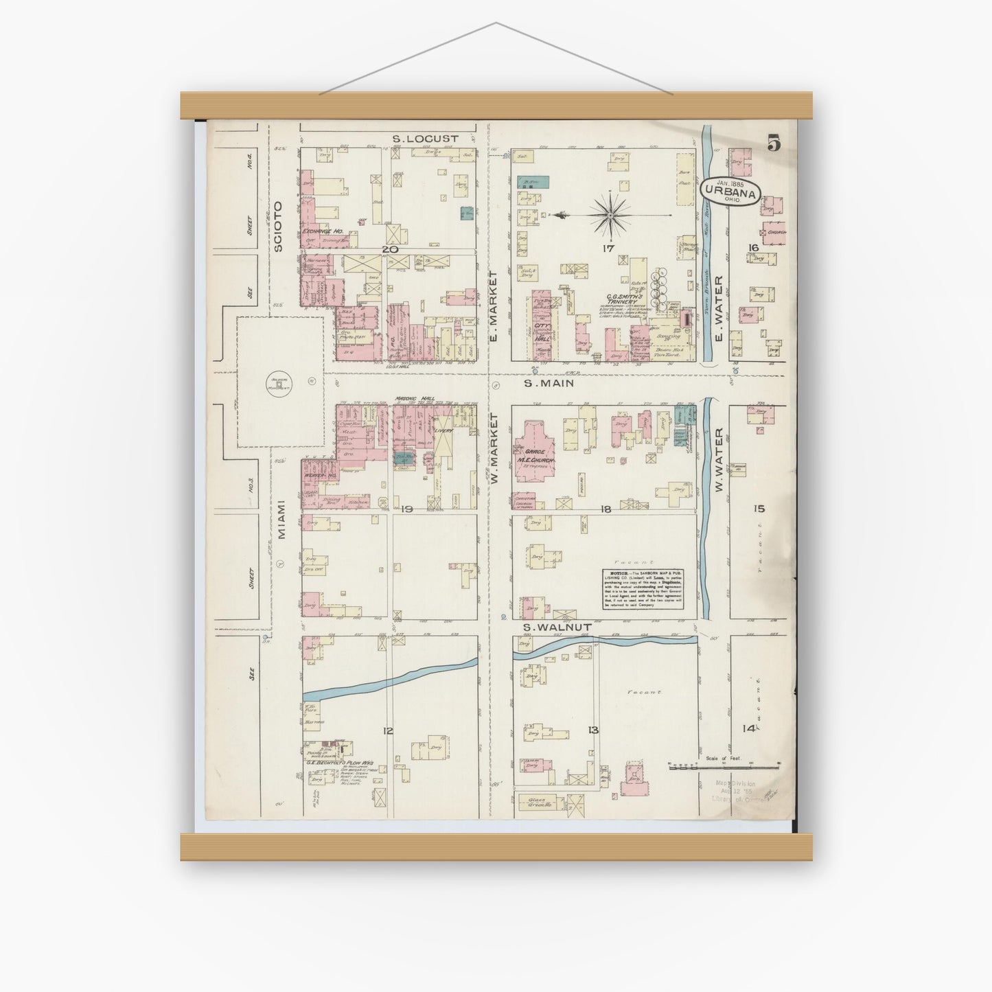 Old map wall art mockup — magnetic wood frame on white wall — Sanborn Fire Insurance Map from Urbana, Champaign County, Ohio (1885), Sheet #0005