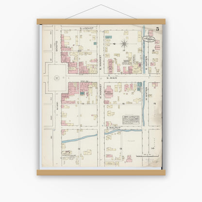 Old map wall art mockup — magnetic wood frame on white wall — Sanborn Fire Insurance Map from Urbana, Champaign County, Ohio (1885), Sheet #0005
