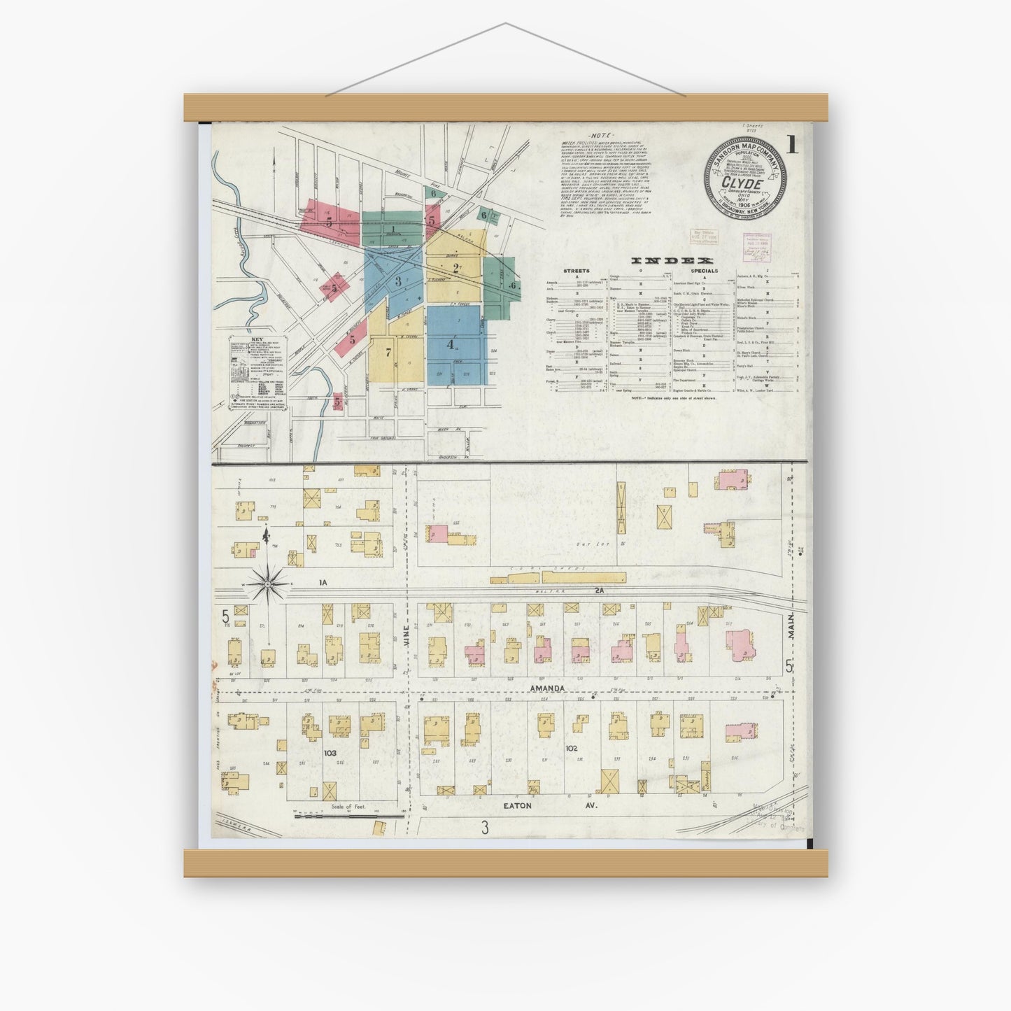 Old map wall art mockup — magnetic wood frame on white wall — Sanborn Fire Insurance Map from Clyde, Sandusky County, Ohio (1906), Sheet #0001