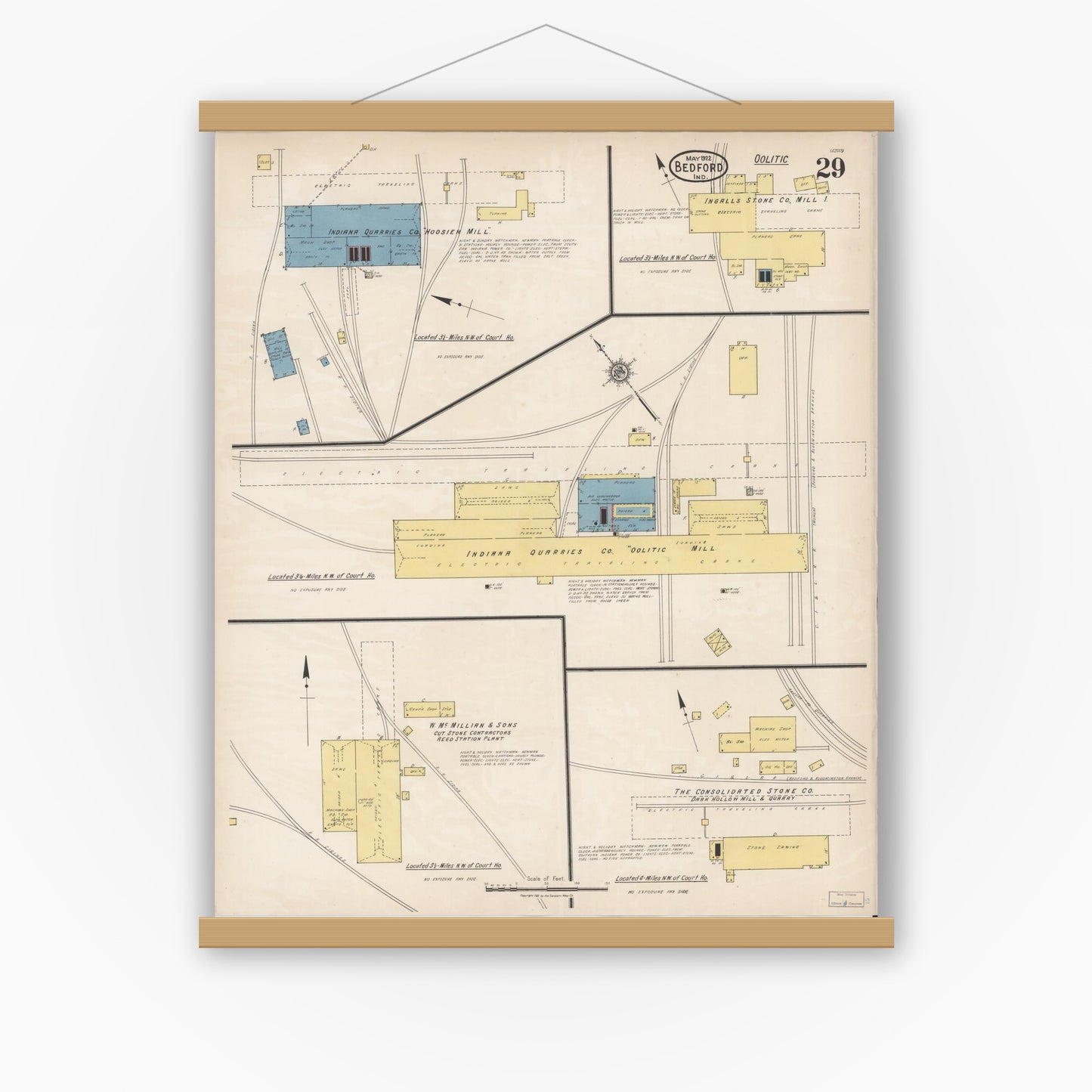 Old map wall art mockup — magnetic wood frame on white wall — Sanborn Fire Insurance Map from Bedford, Lawrence County, Indiana (1922), Sheet #0029