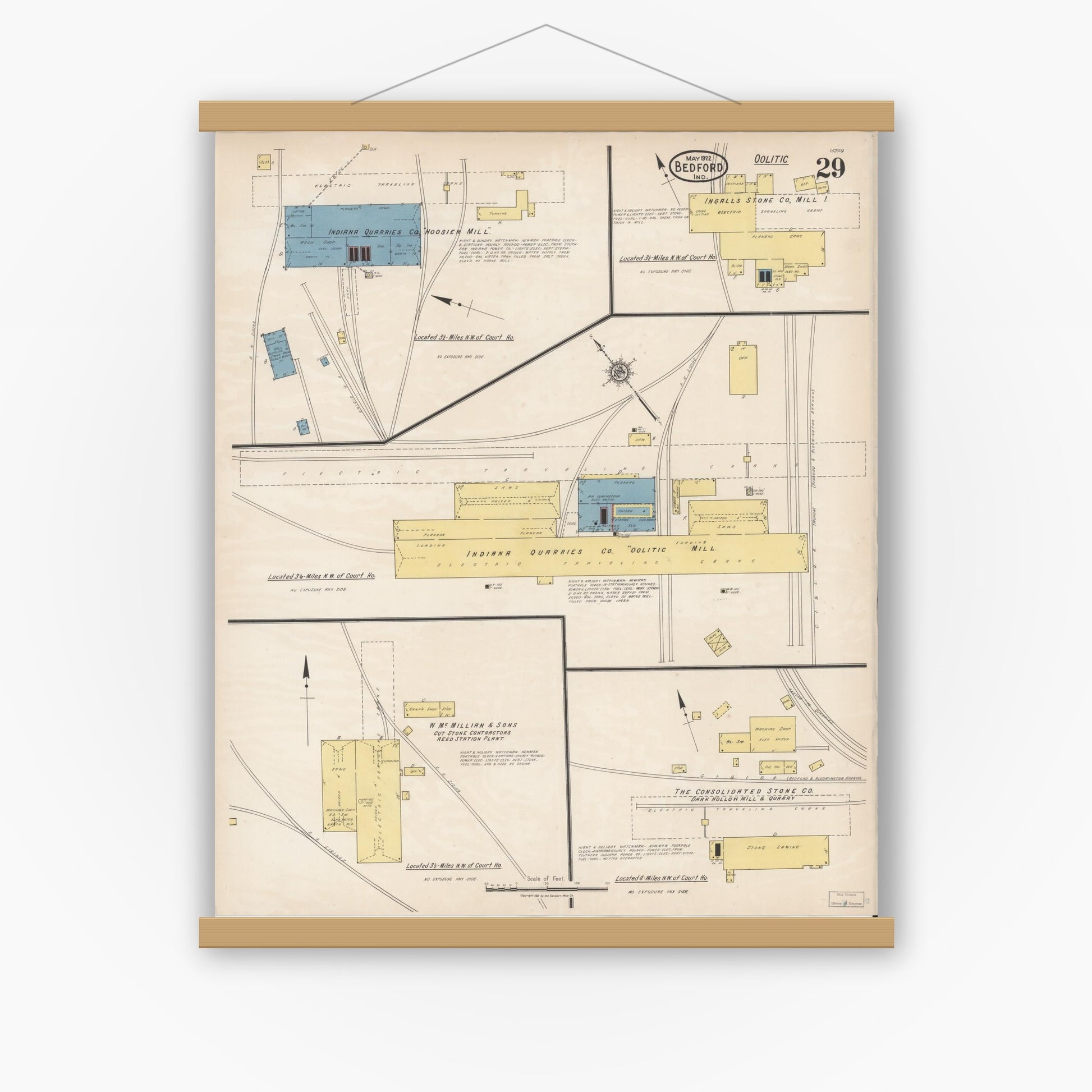 Old map wall art mockup — magnetic wood frame on white wall — Sanborn Fire Insurance Map from Bedford, Lawrence County, Indiana (1922), Sheet #0029