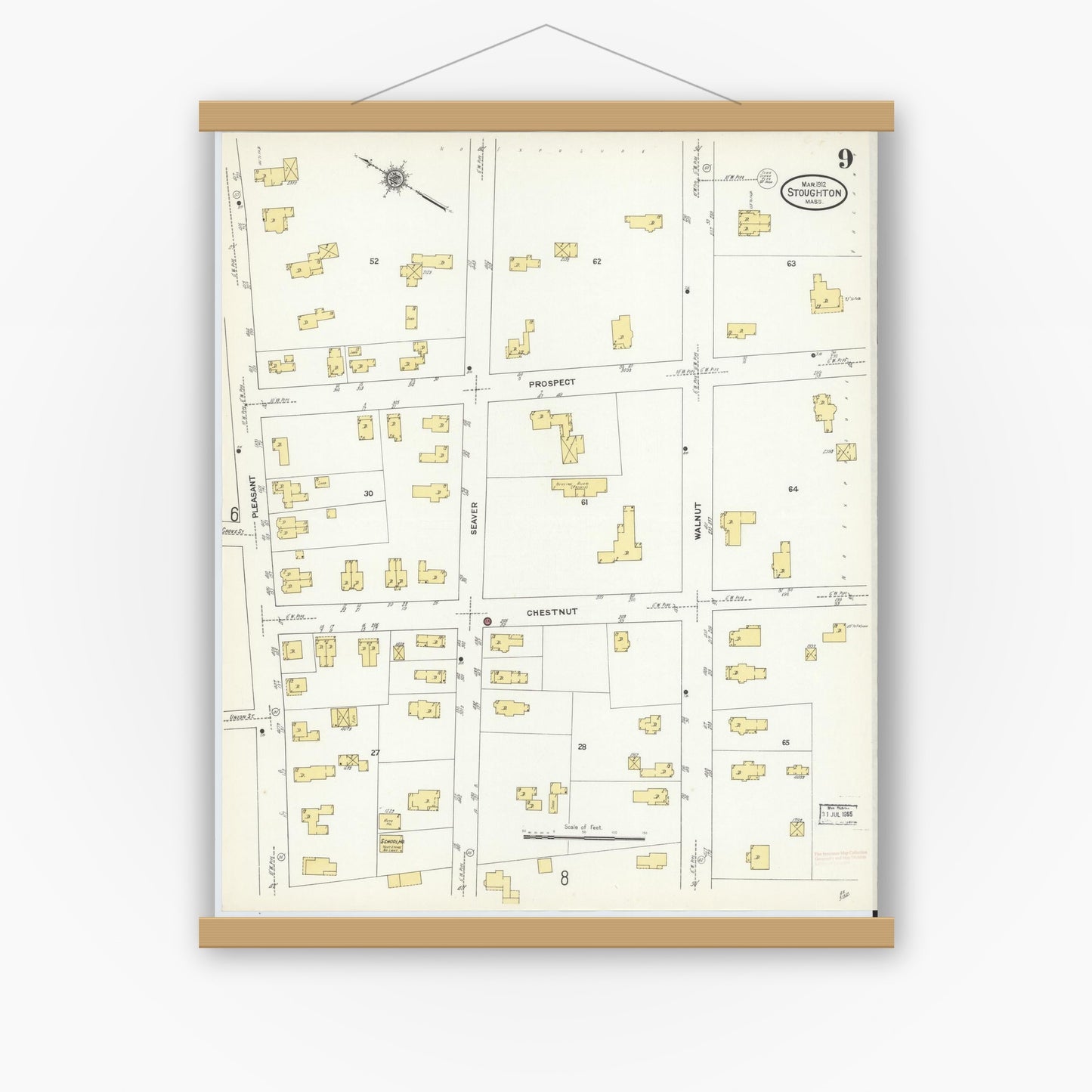 Old map wall art mockup — magnetic wood frame on white wall — Sanborn Fire Insurance Map from Stoughton, Norfolk County, Massachusetts (1912), Sheet #0009