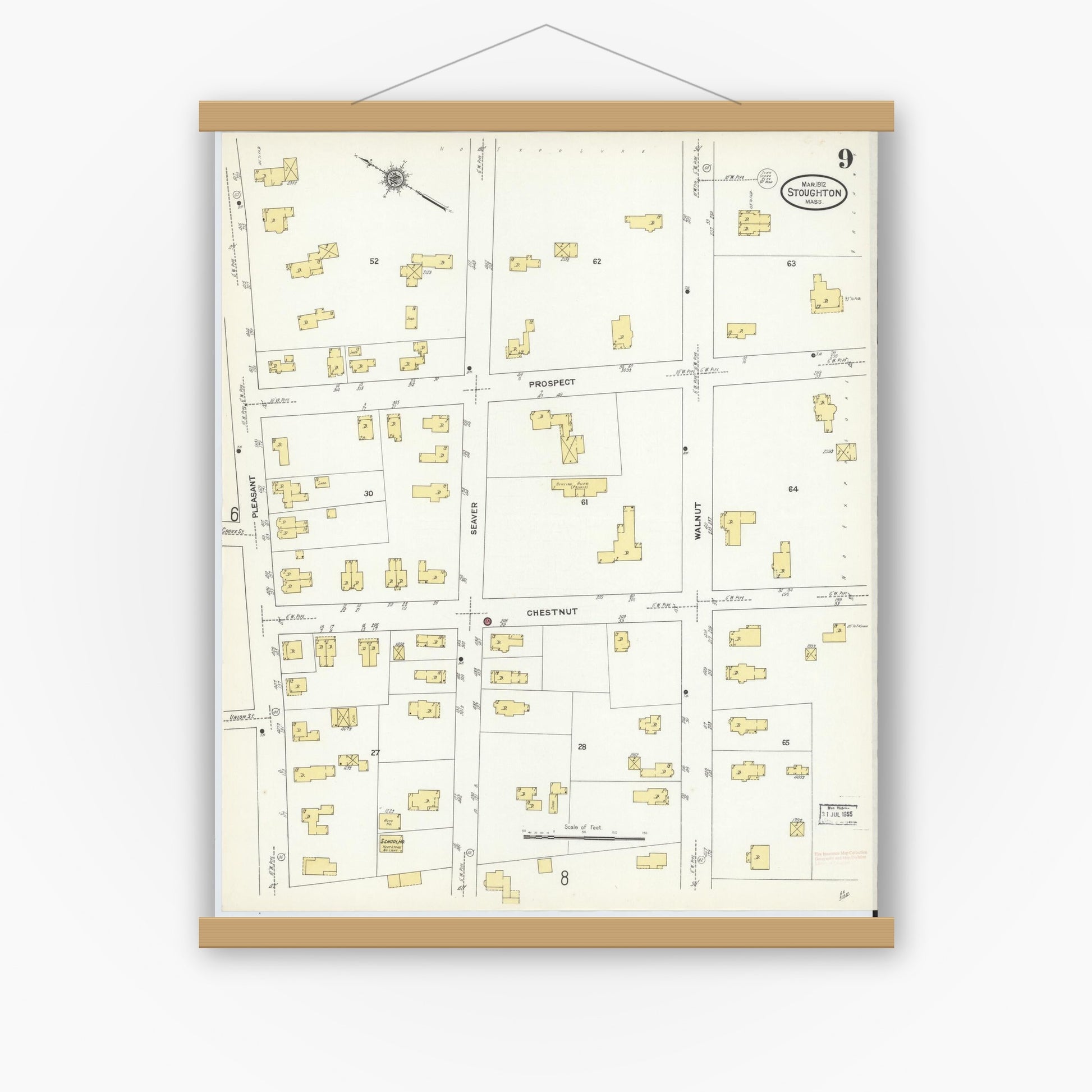 Old map wall art mockup — magnetic wood frame on white wall — Sanborn Fire Insurance Map from Stoughton, Norfolk County, Massachusetts (1912), Sheet #0009