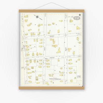 Old map wall art mockup — magnetic wood frame on white wall — Sanborn Fire Insurance Map from Stoughton, Norfolk County, Massachusetts (1912), Sheet #0009