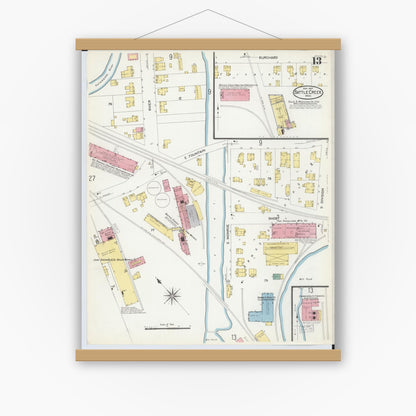 Old map wall art mockup — magnetic wood frame on white wall — Sanborn Fire Insurance Map from Battle Creek, Calhoun County, Michigan (1907), Sheet #0013