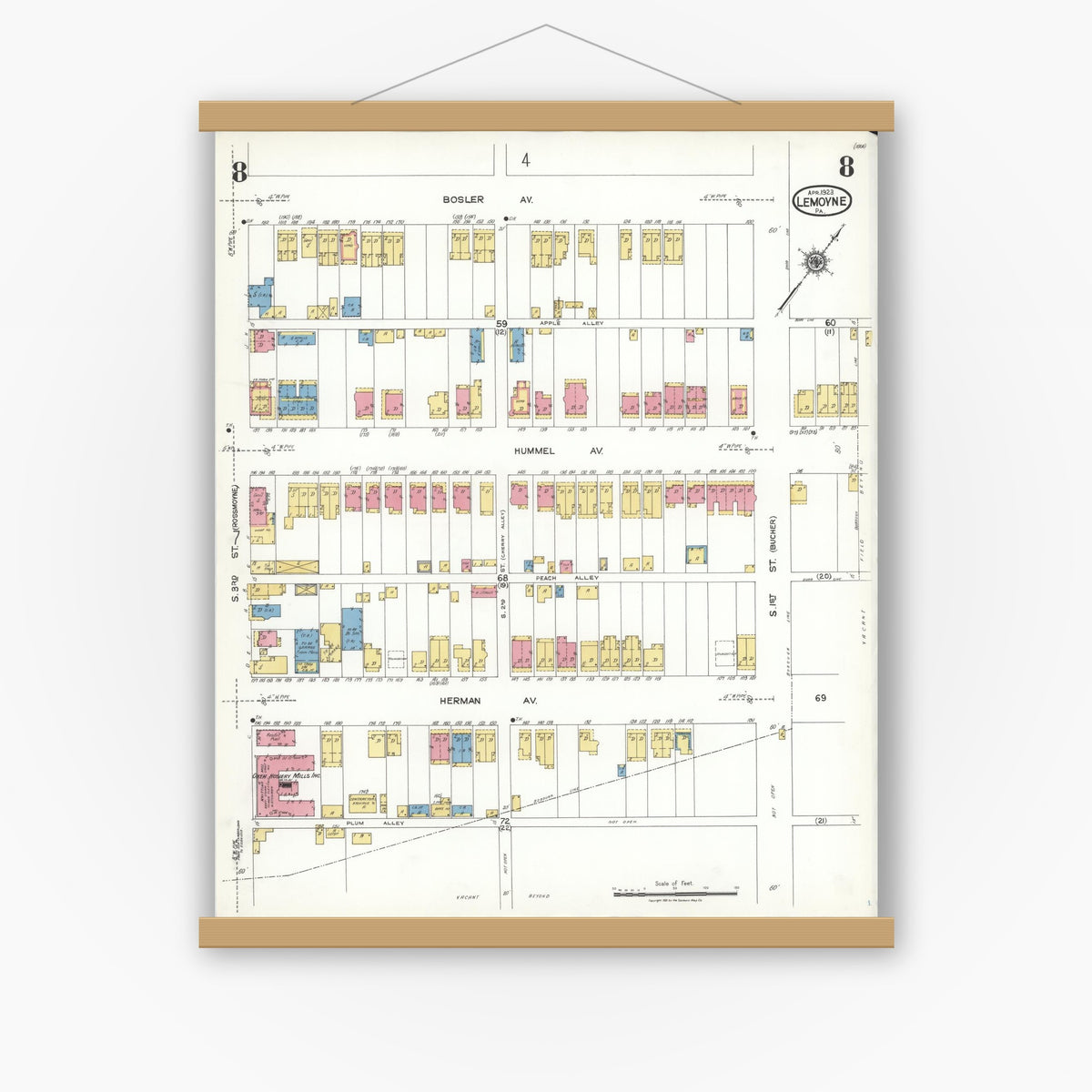 Old map wall art mockup — magnetic wood frame on white wall — Sanborn Fire Insurance Map from Lemoyne, Cumberland County, Pennsylvania (1923), Sheet #0008
