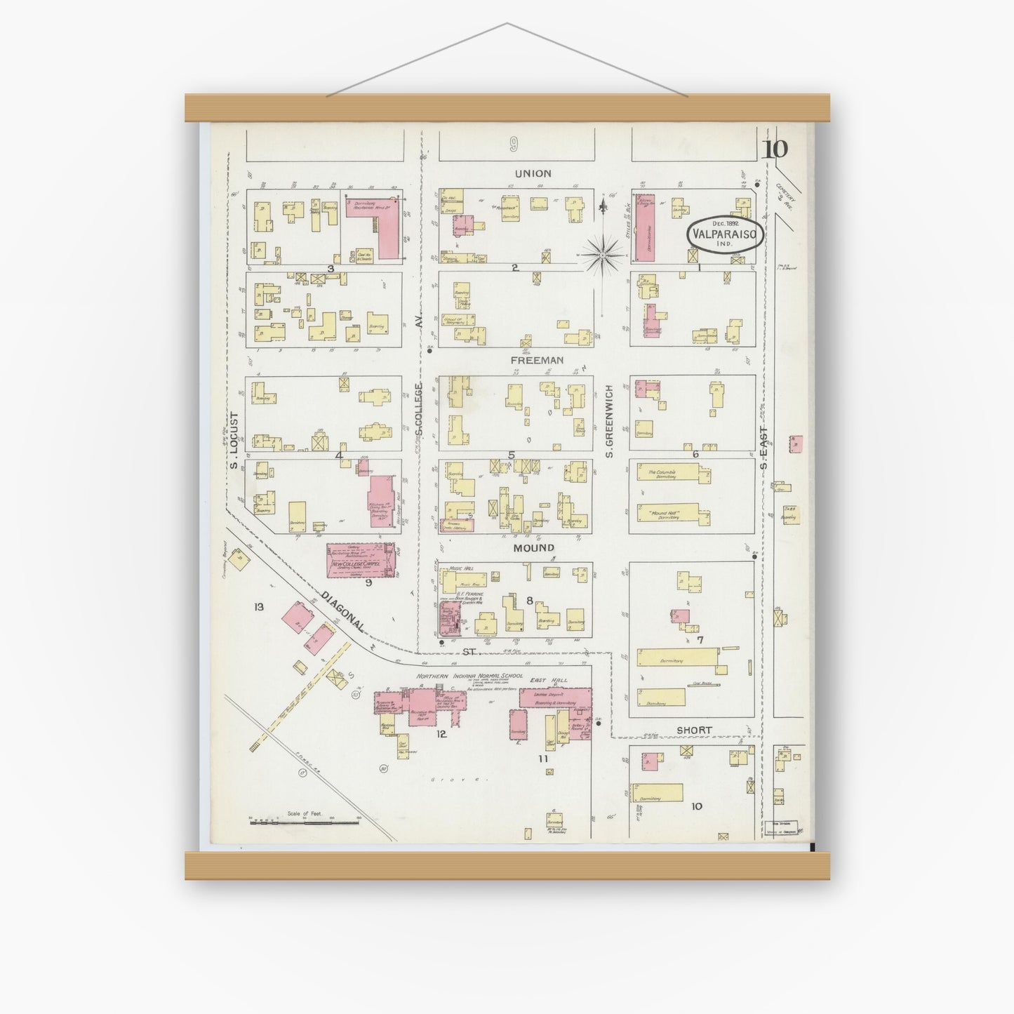 Old map wall art mockup — magnetic wood frame on white wall — Sanborn Fire Insurance Map from Valparaiso, Porter County, Indiana (1892), Sheet #0010